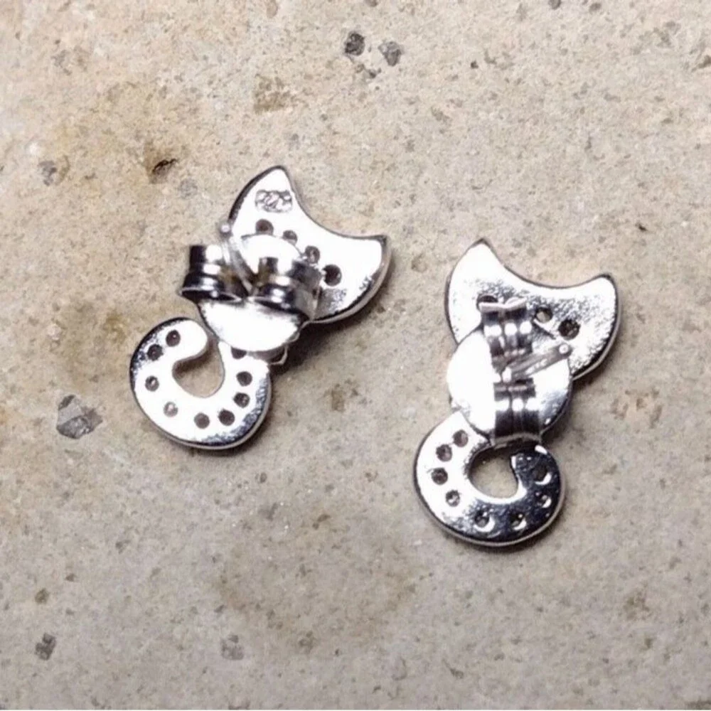 .925 Sterling Silver CZ Pave Posts CAT with Bow Tie Stud Earrings